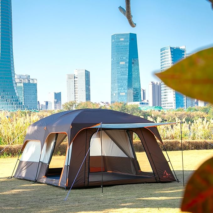 KTT Extra Large Tent 6-10-12-14 Person(Style-B),Family Cabin Tents,2 Rooms,3 Doors and 3 Windows with Mesh,Straight Wall,Waterproof,Double Layer,Big Tent for Outdoor,Picnic,Camping,Family Gathering