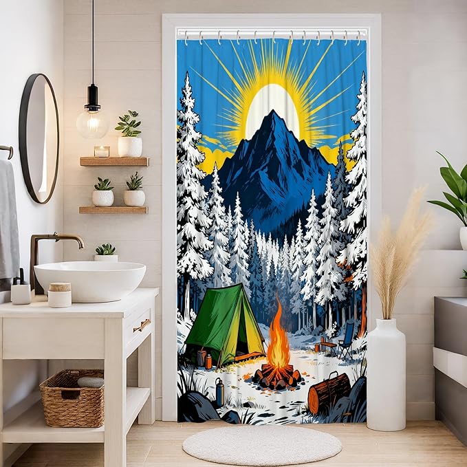 Mountain Stall Shower Curtain, Nature Outdoor Tent Campfire Summer Blue Waterproof Fabric Clawfoot Tub Shower Curtains for Bathroom Toile Guest Room Decor 36x72 Inch