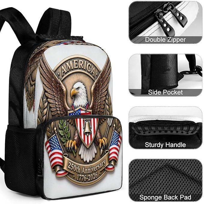 Men Women Lightweight 250 Years 1776-2026 250th Birthday Eagle Liberty Art Backpack Large Capacity Bookbag With Smooth Zippers for Gym Business Running