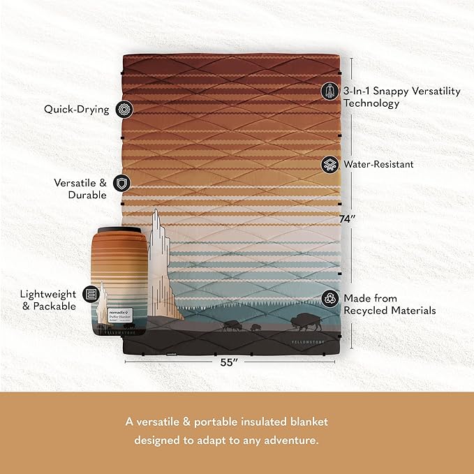 Nomadix Yellowstone Puffer Blanket – Water-Resistant, Eco-Friendly Insulated Blanket with Snaps for Camping, Beach, and Travel, Made from Recycled Materials