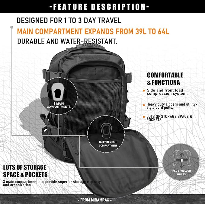 Tactical Backpack Military Hiking Daypack - Molle Backpack for Men 3 Day Assault Pack Bug Out Bag for Camping Travel Army Hunting Gym Rucksack Survival (Black)