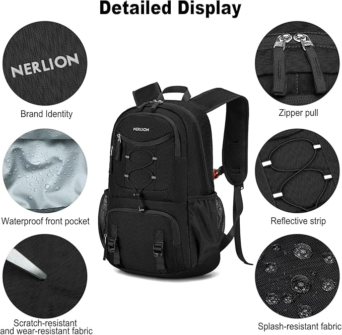 Nerlion Lightweight Foldable 35L Hiking Backpack Travel Backpack for Men Women Camping Waterproof Outdoor Hiking Daypack Backpack Black