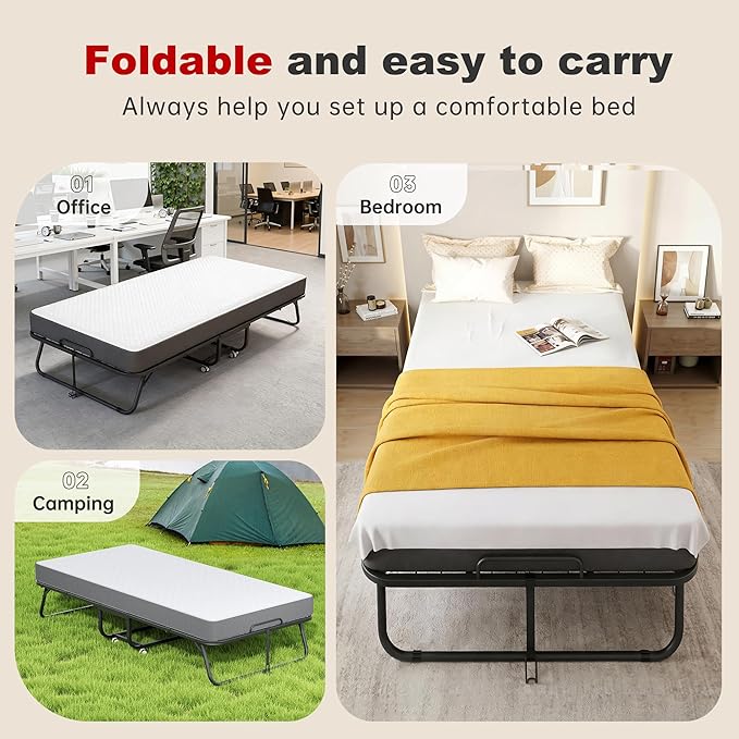Superday Folding Bed with Mattress, 75” x 38” Portable Rollaway Bed, Twin Foldable Bed with 5" Mattress, Roll Away Beds for Adults, Fold up Beds for Guest Room&Small Apartment, Twin Size,Cot Size