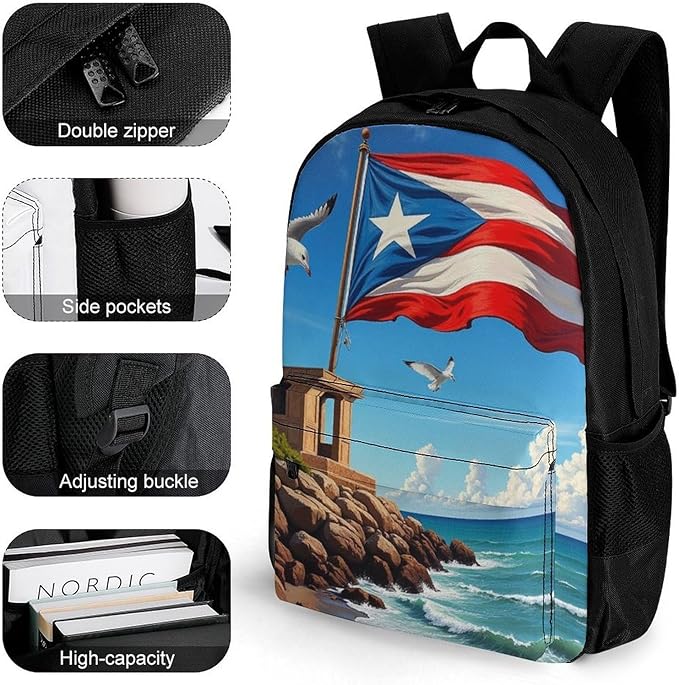 Lightweight Daypack Bookbag for Trekking Business Walking Cycling, Big Capacity Anti-Theft Multipurpose Carry On Bag, Puerto Rico Flag Business Computer Bag