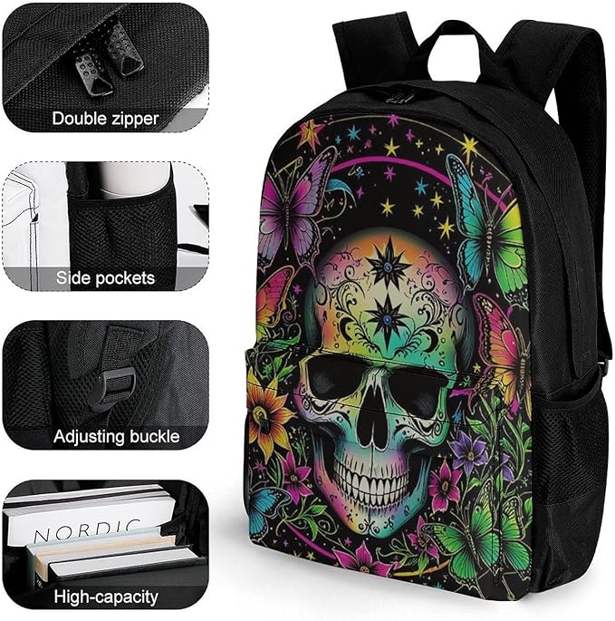 Men Women Polyester Psychedelic Skull Sbutterflies Art Backpack Large Capacity Bookbag With Smooth Zippers for Climbing Picnic Bicycle