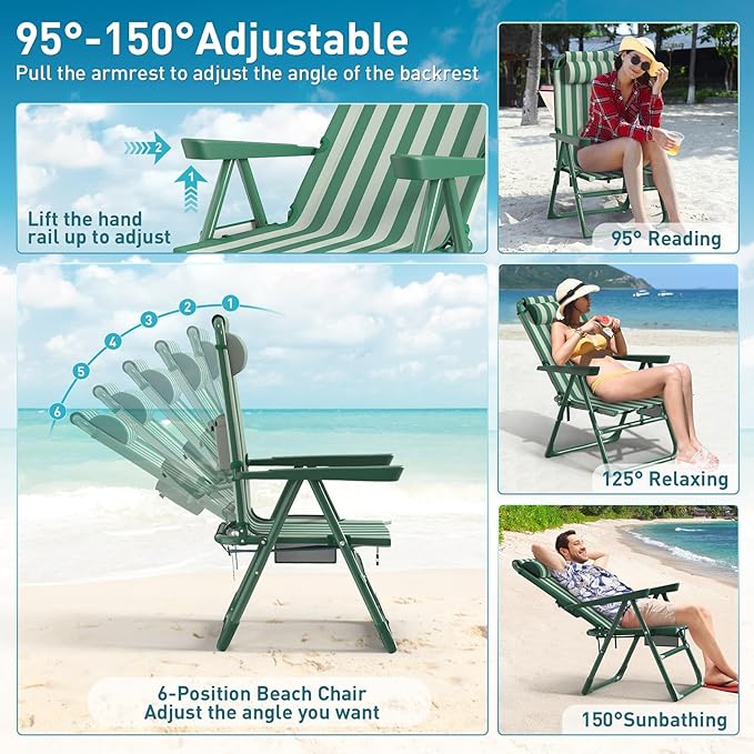 Suteck Backpack Beach Chairs for Adults 2 Pack, 6-Position Folding Reclining Chair with Cooler Bag & Cup Holder, Lightweight Portable Beach Chair for Camping, Outdoor, Sand, Travel Use