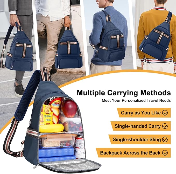 Crossbody Lunch Backpack, Double Deck Insulated Lunch Box for Men Women Adult, Leakproof Lunchbox with Side Pokets for iPad, Large Cooler Bag for Work Office Hiking Beach Picnic, Blue-pro