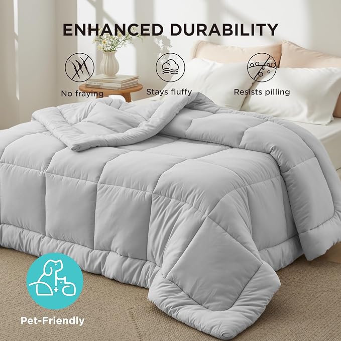 Bedsure Comforter Duvet Insert - Quilted Comforters Queen Plus Size, All Season Duvet, GentleSoft Down Alternative Bedding, with 8 Tabs, Gifts for Women/Men,Light Grey,Queen Plus 90 x 90 Inches