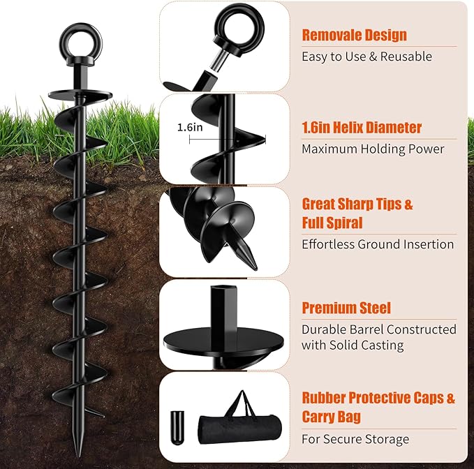 Ground Anchor Screw in, 8 Pack Spiral Trampoline Anchors with Nut and Tool Swing Set Anchors Tent Stakes High Wind Heavy Duty for Sheds, Carports, Mobile Home Black
