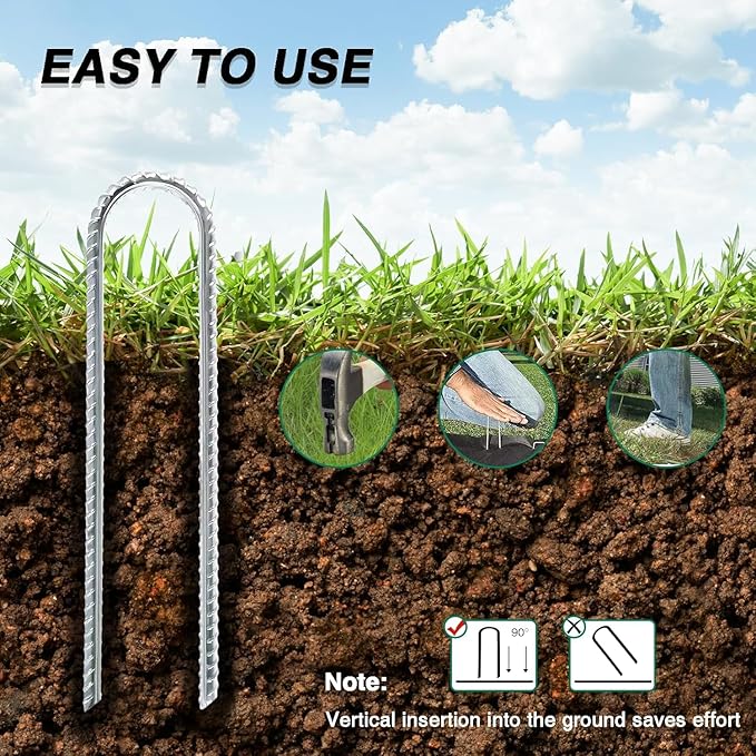 12 Inch Rebar Stakes Heavy Duty, 10 Pack Garden Stake U-Hook, Galvanized Rust Proof Metal Stakes for Tent, Landscape,Outdoor Decorations, Fabric Ground Cover, Tube Fixing (Silver, U-12in-10pc)