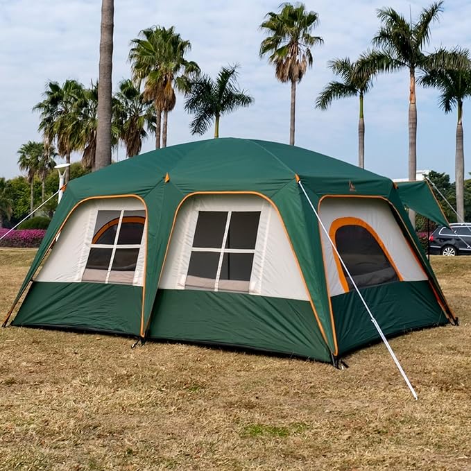 KTT Large Tent 6-8-10-12 Person,Family Cabin Tents,2 Rooms,2 Doors and 4 Windows with Mesh,Straight Wall,Waterproof,Double Layer,Big Tents for Outdoor,Picnic,Camping,Family Gathering