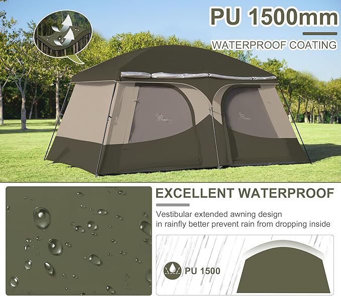 Vidalido Tents，8-10 Person Camping Tent with Extended Vestibule，2 Room Weather Resistant Family Tents，Easy Install Waterproof Outdoor Tent for Camping Hiking