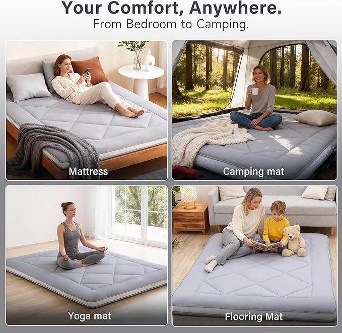 Welnow Japanese Futon Floor Mattress, Thick Queen Size Tatami Mat Portable & Foldable Roll Up Floor Bed Mattress with Storage Bag, Sleeping Pad for Adults, Dorm, Guest Bed, Camping and Travel, Grey
