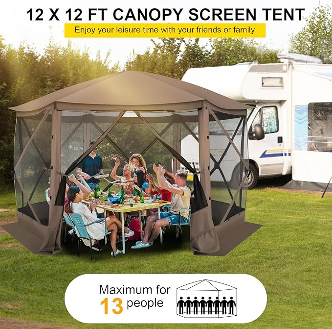 COBIZI Pop Up Gazebo Screen Tent Screen House for Camping, 12x12 Screen Room with Mosquito Netting, Hub Tent Instant Screened Canopy with Carrying Bag and Ground Stakes, Brown