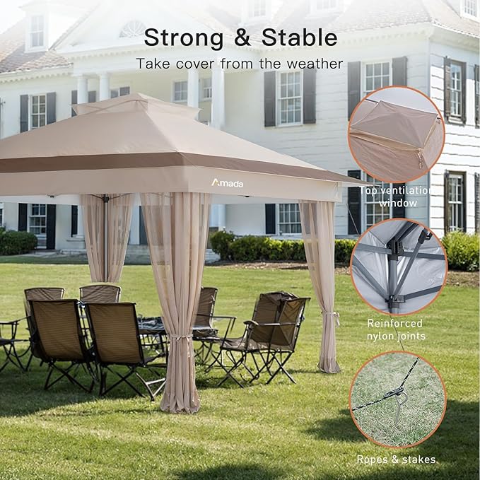 Amada 13x13 Pop Up Gazebo for Backyard & Patio Furniture,Gazebos on Clearance with Wheeled STO-N-Go Cover Bag,Carpa Pop Up Tent Party Tent and Shelter with Mosquito Netting for Lawn,Garden,Deck,Khaki