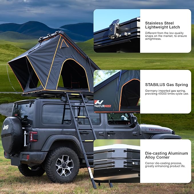 Naturnest Polaris Hardshell Rooftop Tent with 2 Luggage Racks, Car Roof Top Tent with AC Inlets, 3-Color LED Lights and Internal USB Plug for Vans, Jeeps, SUVs and Trucks, 2-3 Person Tents