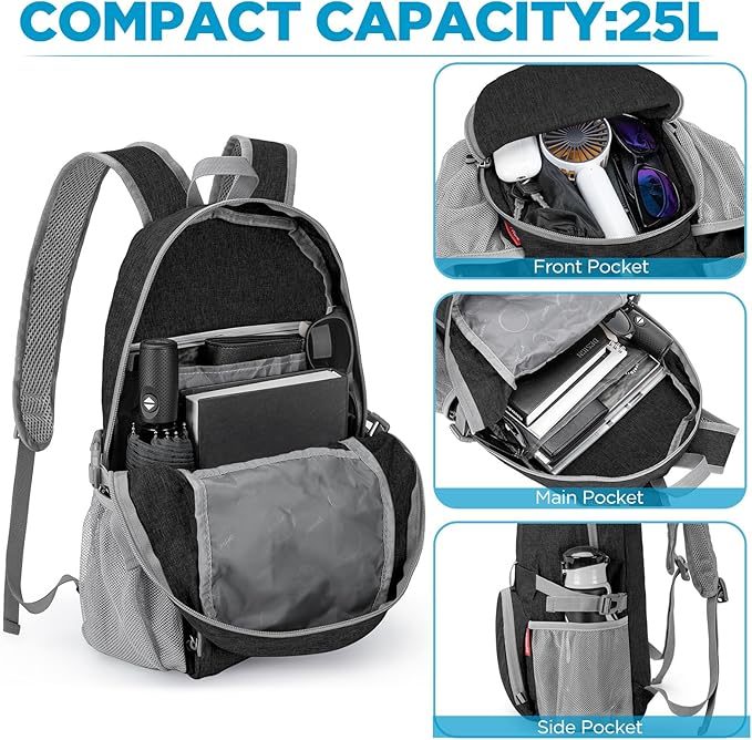 ZOMAKE Ultra Lightweight Packable Backpack 25L,Small Foldable Backpacks Hiking Water Resistant Collapsible Daypack for Women Men(Black-B3)