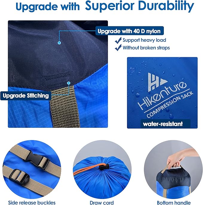Hikenture Compression Sack for Sleeping Bag, Upgrade Anti-Tear Nylon Sleeping Bag Stuff Sack, 10L/14L/20L/30L Water-Resistant Compression Bag, Storage Bag