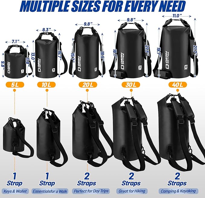 Waterproof Dry Bag, 5L/10L/20L/30L/40L Roll Top Lightweight Storage Backpack with Phone Case for Women & Men, Floating Waterproof Sack for Travel, Swimming, Kayaking, Paddle Board, Camping & Beach