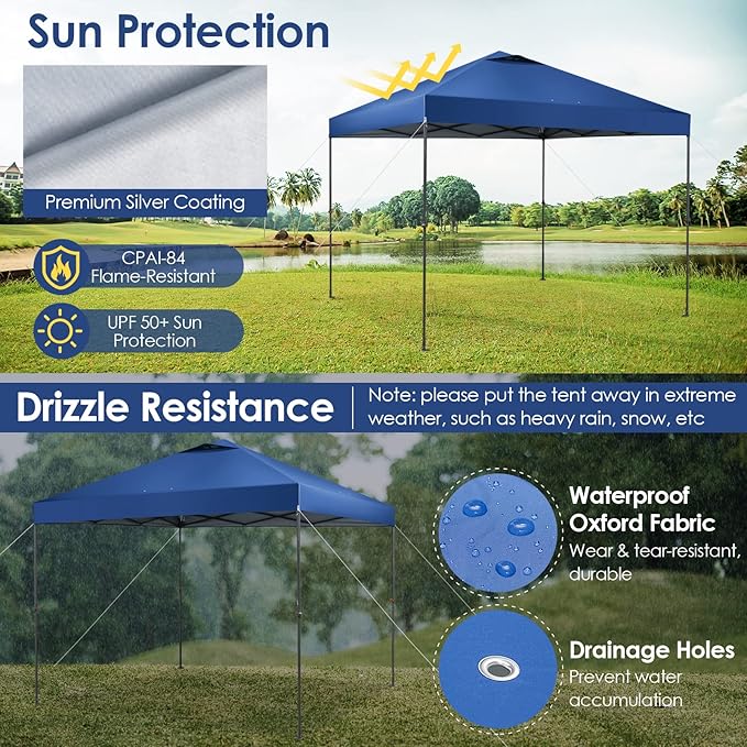 Tangkula 10x10 Ft Pop Up Canopy, Easy Set-up Instant Tent with Center Lock, Carry Bag, Rotatable Feet, 8 Stakes, 4 Ropes, Outdoor Canopy Tent for Beach, Camp, Patio, Market (Blue)