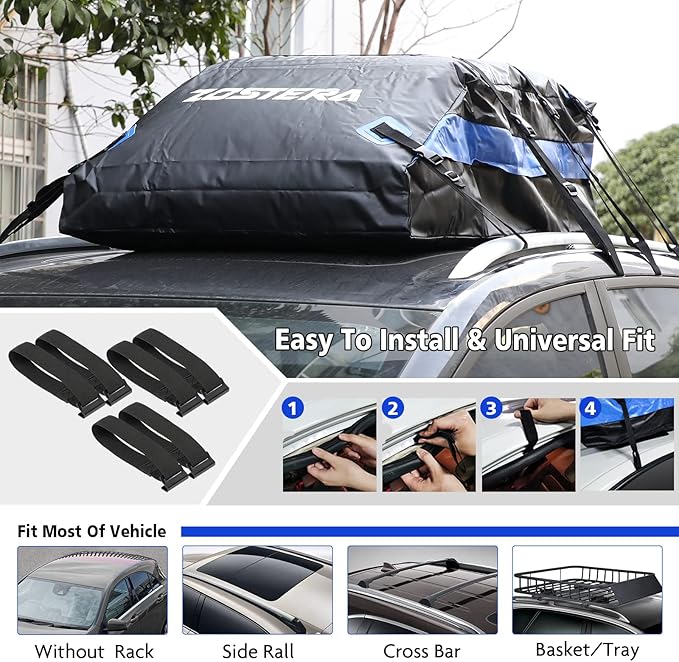 Rooftop Cargo Carrier Roof Bag,100% Waterproof,15 Cubic Feet for All Vehicle with/Without Rack,Includes Anti-Slip Mat+10 Straps+6 Door Hooks+6 Extension Straps+Soft Roof Top Luggage Lock