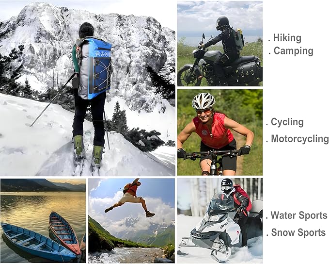 Ergonomic Skiing Dry Backpack 25L-30L Expandable | IP68 Waterproof Dry Bag for Kayaking, Hiking, Camping & Snow Sports | Daypack with Roll-Top Seal & External Pockets (Blue+Black)