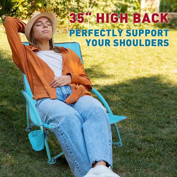 NORTHROAD 2 Pack Low Folding Beach Chair,Portable Lightweight Lowback Sling Chair, Outdoor Low Seat Camping Chair w/Cup Holder & Carry Bag for Sand Camping Lawn Picnic Festival,Blue