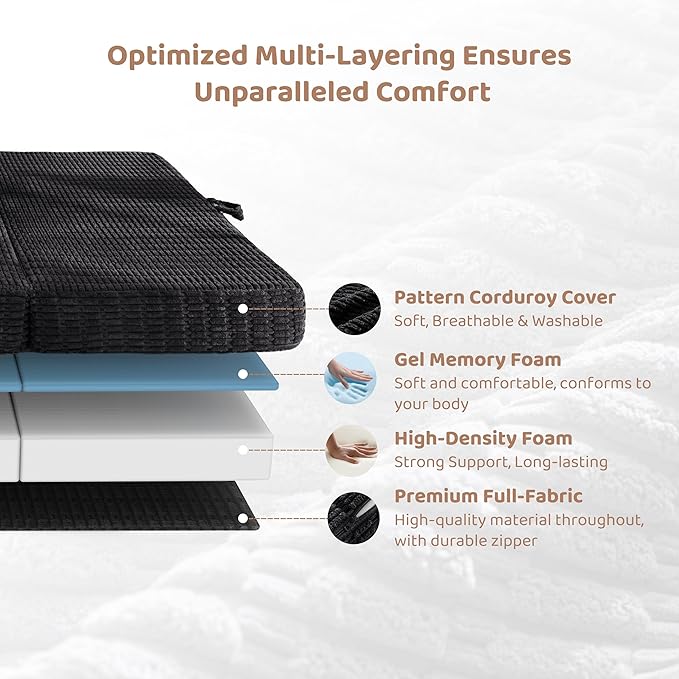 BYBYME Memory Foam Tri-Folding Mattress, 6 Inch Gel Folding Mattress Topper, Foldable Soft Guest Bed Camping Pad, with Washable Cover