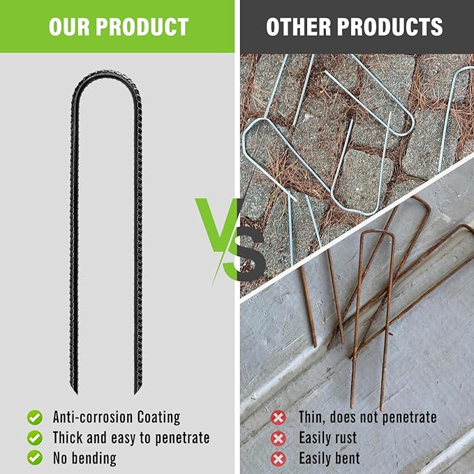 Rebar Stakes 12 Inch Heavy Duty Ground Anchors (Pack of 6 Black), U Shaped Ground Stakes Galvanized Steel, Trampoline Tie Down Anchor, Heavy Duty Stakes for High Wind