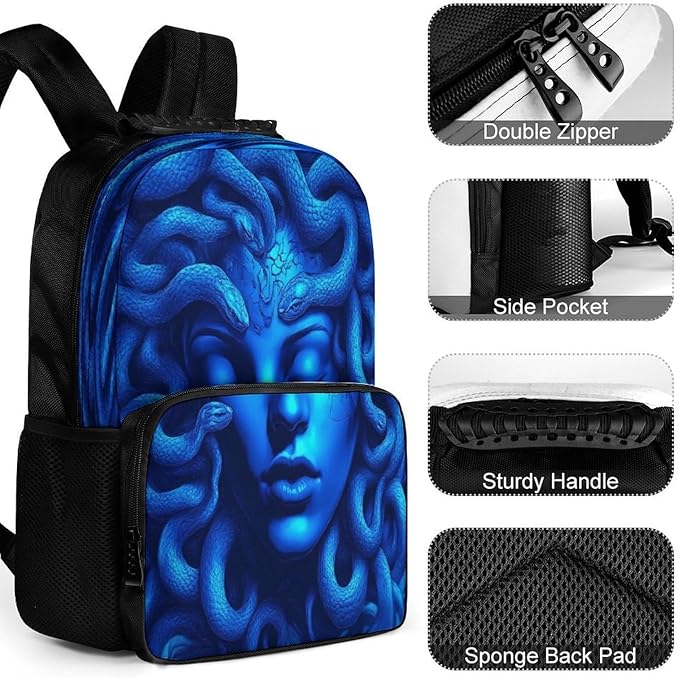 Polyester Daypack Bookbag for Gym Business Bicycle, Large Capacity Multipurpose Anti-Theft Carry On Bag, Greek Goddess Snake Queen Medusa Art Blue Travel Hiking Daypack