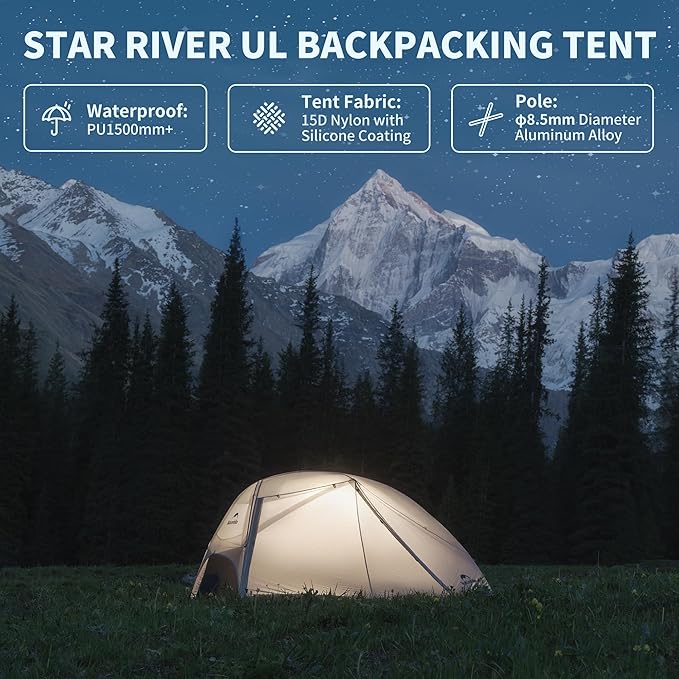 Naturehike Star River UL 2 Person Backpacking Tent, Double Layer Waterproof Two Person Tents, Lightweight Backpacking Cycling 2 Person Tent
