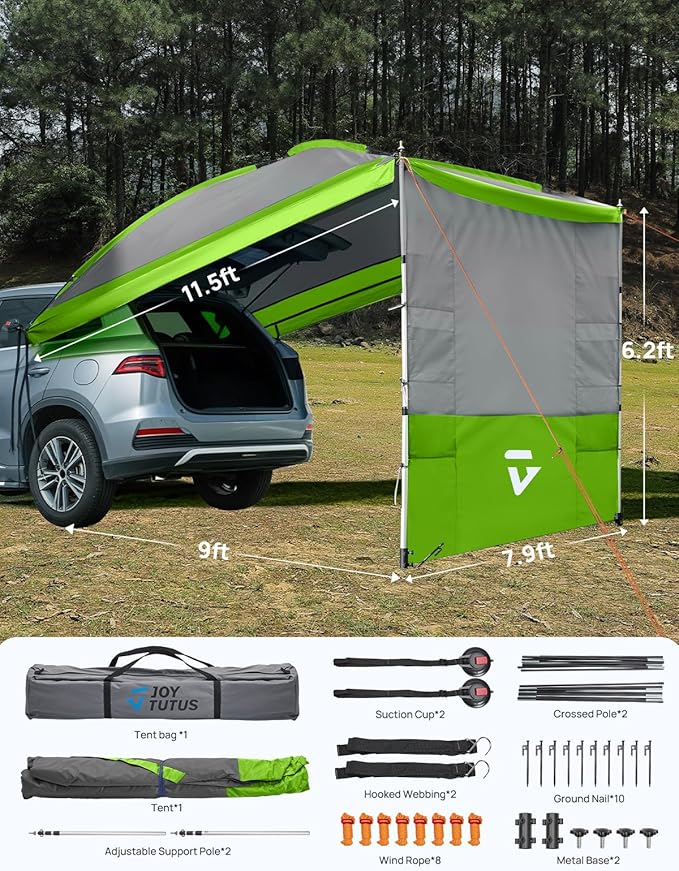 JOYTUTUS Versatile Vehicle Awning with 3 Removable Sides, Large Car Awning 11.5FT * 7.9FT, UV50+ and Waterproof PU2000mm Truck Canopy, SUV Camping Sunshade with 8 Storage Pockets,Gray Green