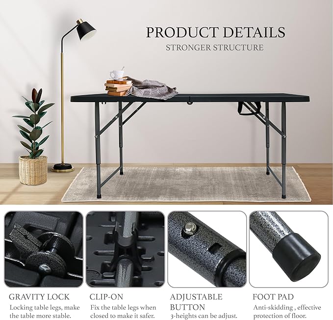 AJP Distributors 4 Foot Portable Plastic Folding Table 4FT 48" Half Foldable Heavy Duty Top w/Carry Handle - Indoor Outdoor Backyard Camping Picnic BBQ Party Wedding Dining Office Event Meeting Black