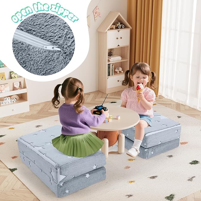 MeMoreCool Kids Folding Mattress, Trifold Mat Foldable Floor Mattress for Kids, 63x26 Portable Floor Mat with Washable Cover and Carry Bag, 4 Inch Foam Medium Firmness, Grey Star