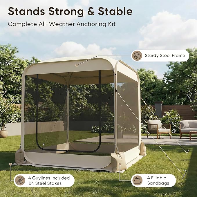 TABU Pop Up Screen House Tent, 6x6 FT Screen Room Canopy with Mosquito Mesh, Instant UV Resistant Shelter with Carry Bag, for 2-4 Person, Backyard, Sports, Hiking, Beige