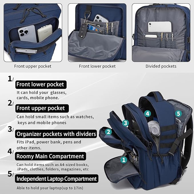 Wotony Military Tactical Backpack for Men Waterproof Daypack 3 Day Assault Pack Laser-Cut MOLLE Webbing Design with Water Bottle Holder Black Small Tactical Assault Bag (Blue, 35L)