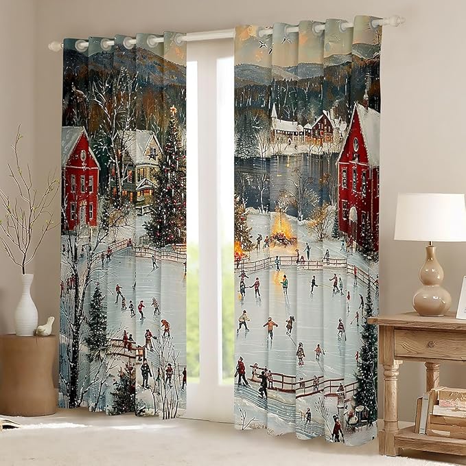 Manfei Skating Window Drapes,Winter Sport Game Ice-Skating Blackout Curtains,Ice Skate Pine Snow Natural Nursery Bedroom Playroom Decor,Green 2 Panels,52Wx84L inch