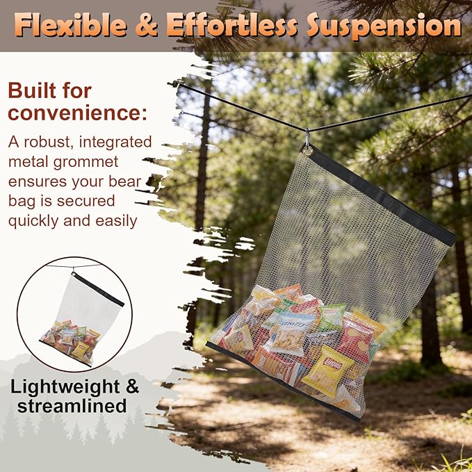 2 Pack Ultralight Rodent Proof Bear Bags, Wire Mesh Hanging Food Storage Bags for Camping and Backpacking, Critter Protection Kit with Nylon Rope and Carabiners