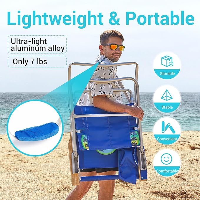 #WEJOY Folding Beach Chair for Adults, 4-Position Aluminum Lightweight Beach Chair, Low Sands Chairs with Shoulder Strap, Cup Holder and Padded Headrest, Supports 265lbs for Lawn