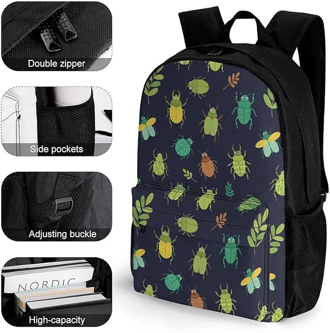 Men Women Polyester Insect Beetle Art Daypack Big Capacity Shoulder Bag With Smooth Zippers for Hiking Work Walking Cycling