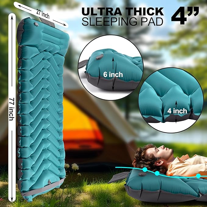 Sleeping Pad with Pillow, Self Inflating Extra-Thick, Ultralight Sleeping Mat, Built-in Pump, Ultimate for Camping, Hiking, Traveling, Airpad, Carry Bag, Compact & Lightweight Air Mattress (Peacock)