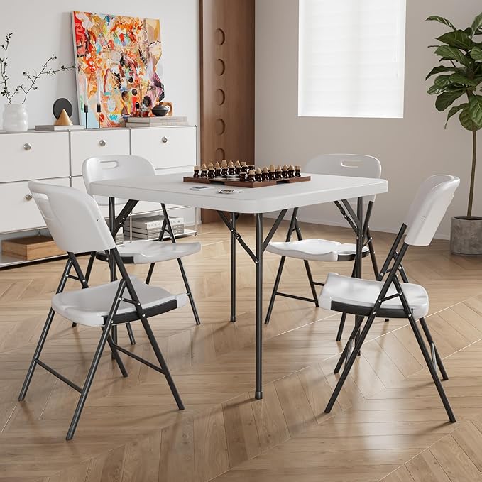 VECELO Folding Card Table Square and Chairs Set, Collapsible Legs & Portable for Indoor/Outdoor, Picnic, 5 Piece, White