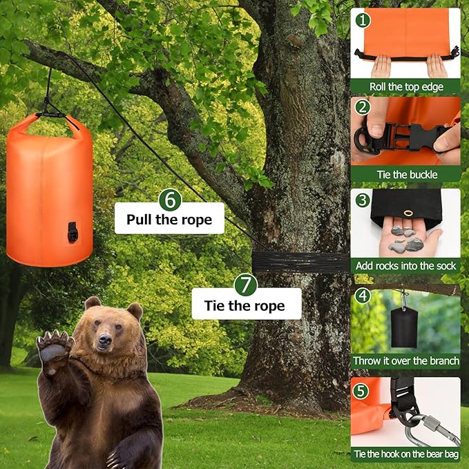 Bear Bag Hanging System - 15L Heavy Duty Waterproof Bear Proof Food Storage Kit with Rock Sack 2 Ropes 2 Safety Clips 1 Straps for Hiking, Camping & Backpackin