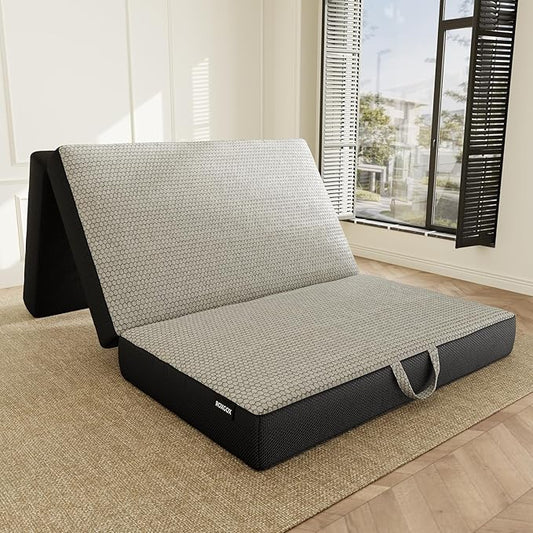 Memory Foam Trifold Mattress, Twin Portable Floor Bed 6 Inch, Foldable Mat with Washable Cover, Handle & Non-Slip Bottom, for RV, Travel, Camping, Yoga, 75"x38"x6", Grey