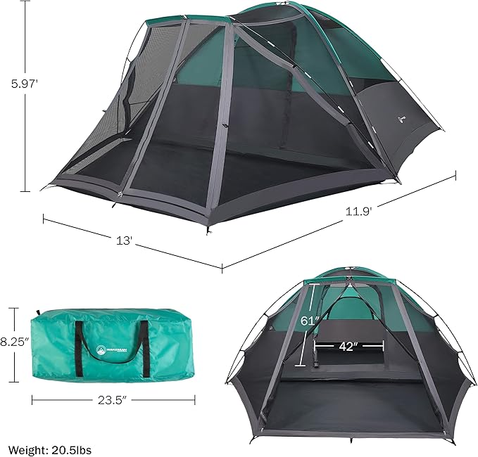 Camping Tent - Water-Resistant Cabin Style Outdoor Shelter with Built-in Screen Tent and Carrying Bag by Wakeman Outdoors