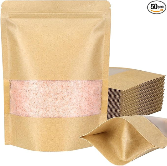 Blisstime Stand Up Pouches, 50 Pack Kraft Paper Bags with Matte Window and Tear Notch Resealable Bags for Small Business Home Use (5.5 x 7.3 Inches)