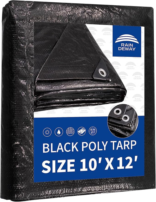 RAINDEWAY Black Tarp 10x12 Feet, UV Resistant, 8 Mil Multipurpose Medium Duty Waterproof Poly Tarp Cover with Metal Grommets and Reinforced Edges