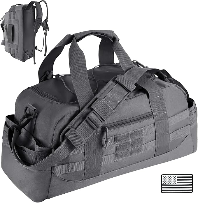 35L Large Duffle Bag, 3-in-1 Tactical Backpack MOLLE Pack for Sports/Gym/Outdoor, Grey
