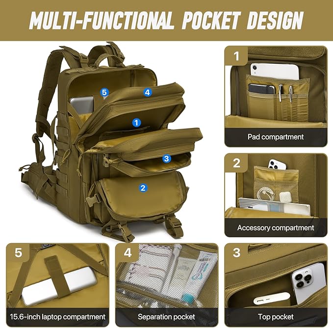 Tactical Backpack for Men, Water Resistant 46L Military Backpack, Large Army 3 Day Assault Pack for Hiking, Camping, Gym with Molle System, Khaki