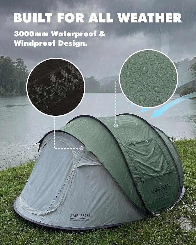 4 Person Instant Pop Up Tent, Automatic Waterproof Windproof Camping Tent with 2 Doors for Outdoor Hiking, Beach & Travel, Portable Family Tent with Carry Bag for Easy Setup